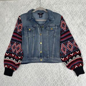 Flying Tomato Blue Jean Jacket with Red and Black Patterned wide puffy sleeves